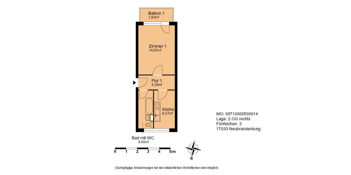 Etagenwohnung Neubrandenburg - 1 Zimmer, 34 m&sup2;, 254&euro; | Angebot:24524912