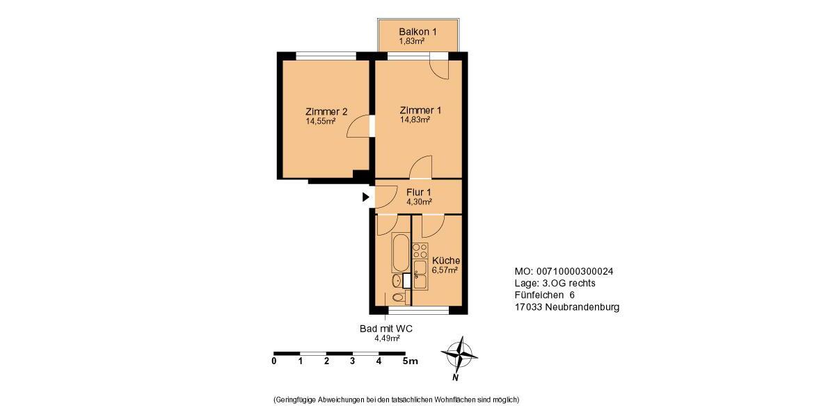 Etagenwohnung Neubrandenburg - 2 Zimmer, 50 m&sup2;, 339&euro; | Angebot:25416000