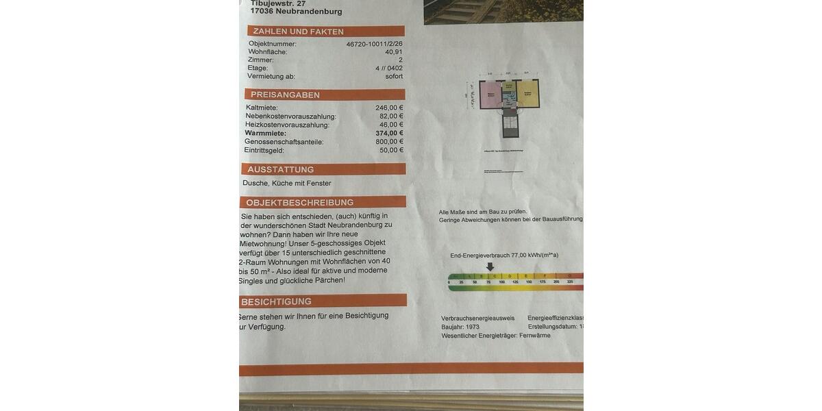 Etagenwohnung Neubrandenburg Carlshöhe - 2 Zimmer, 41 m&sup2;, 246&euro; | Angebot:26638606