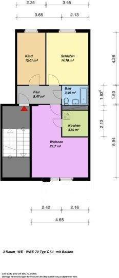Etagenwohnung Neubrandenburg Reitbahnviertel - 3 Zimmer, 60 m&sup2;, 275&euro; | Angebot:25737505