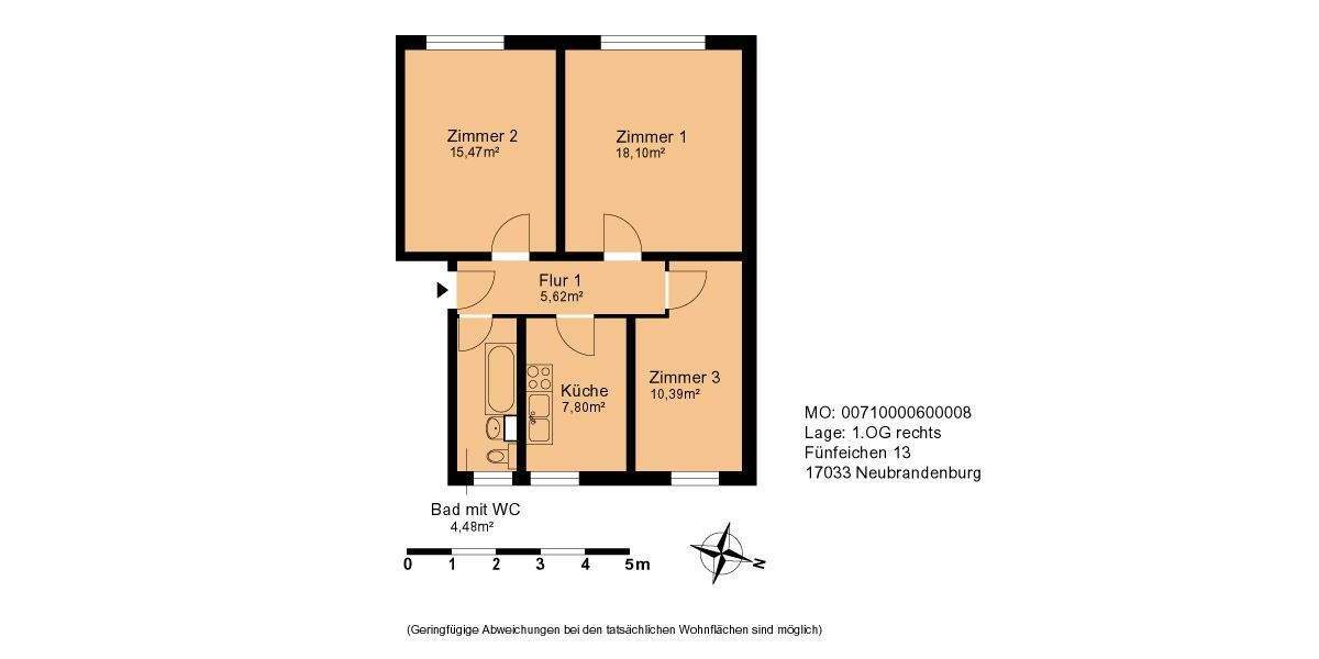 Etagenwohnung Neubrandenburg Südstadt - 3 Zimmer, 58 m&sup2;, 340&euro; | Angebot:26230226