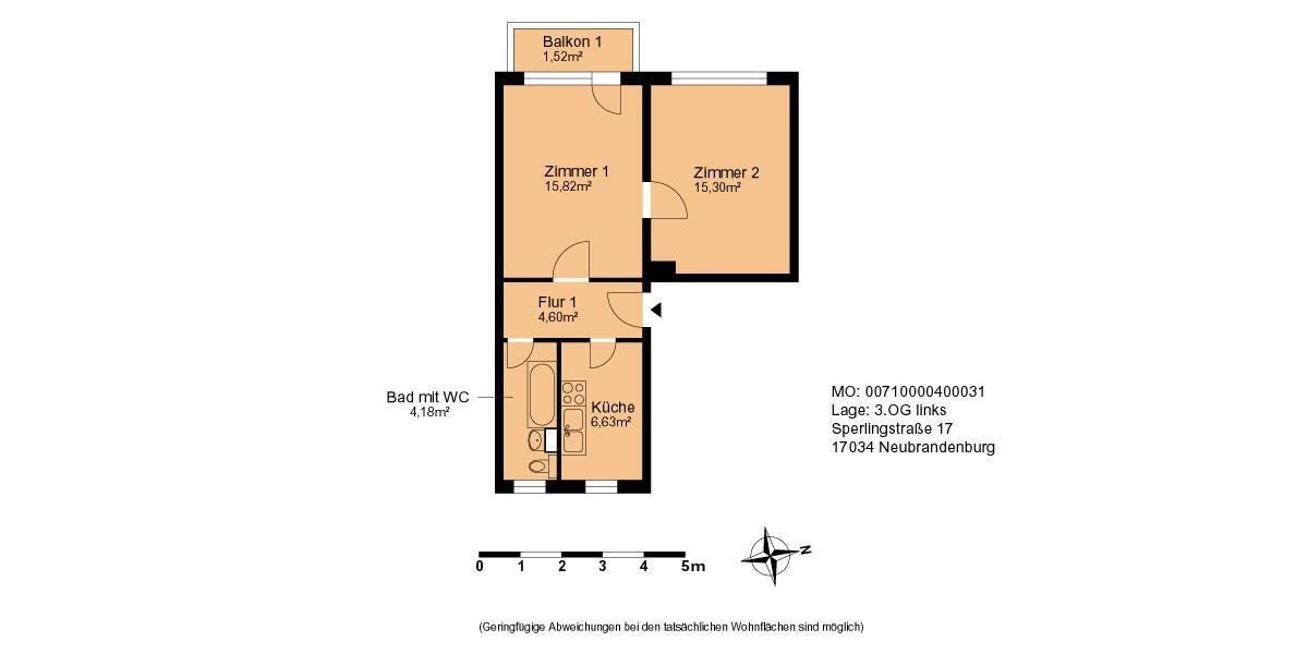 Etagenwohnung Neubrandenburg Datzeberg - 2 Zimmer, 48 m&sup2;, 339&euro; | Angebot:26678614