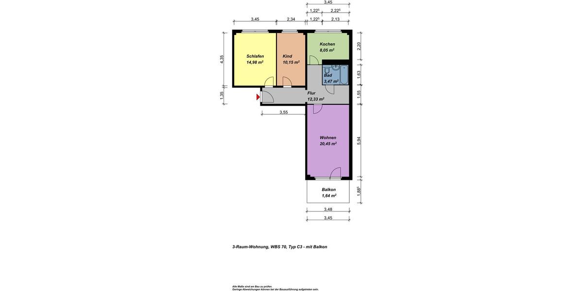 Etagenwohnung Neubrandenburg Datzeberg - 3 Zimmer, 71 m&sup2;, 399&euro; | Angebot:26665772